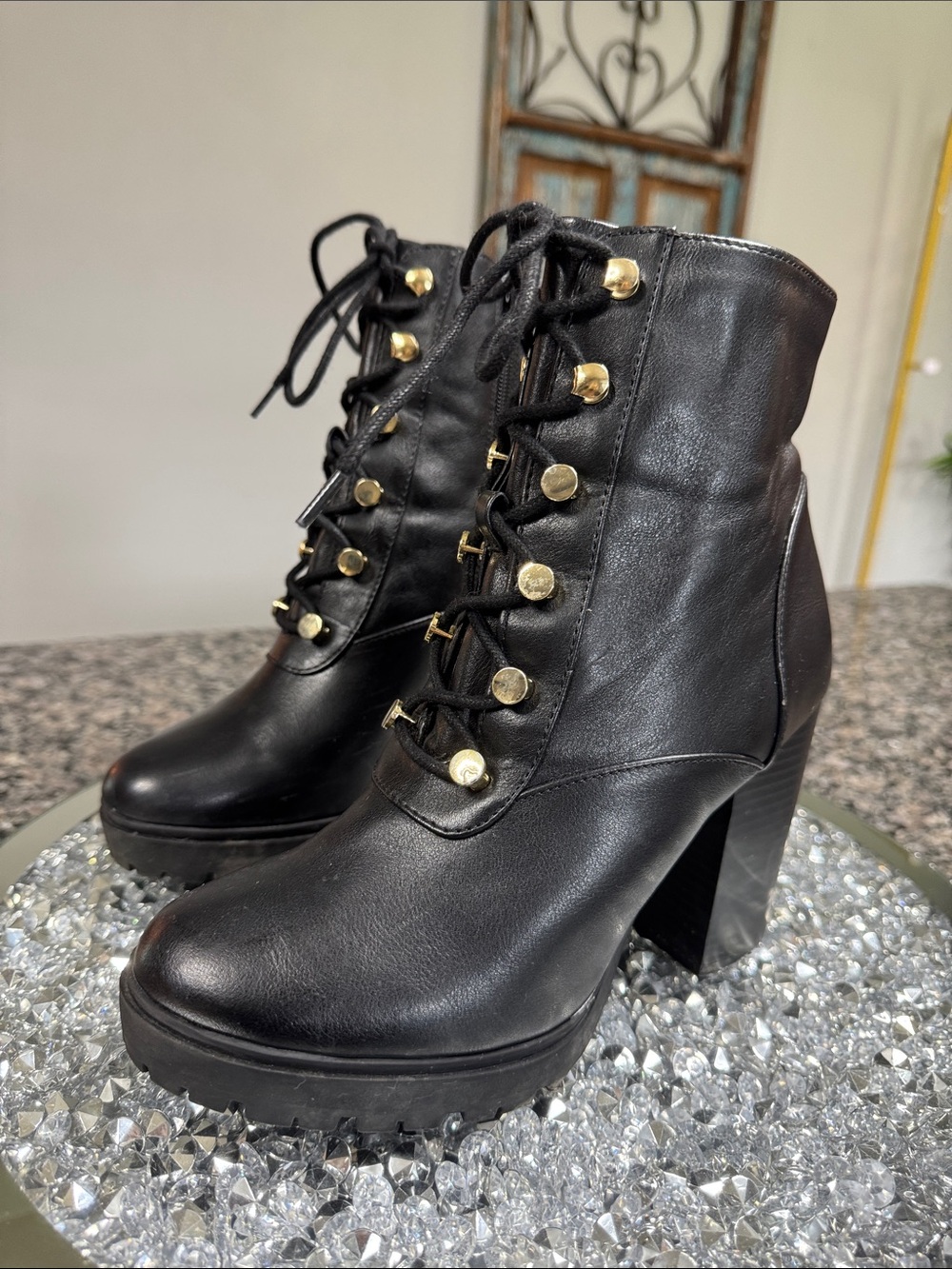 Express Black Lace-Up Platform Ankle Boots with Gold Hardware - Picture 5 of 16